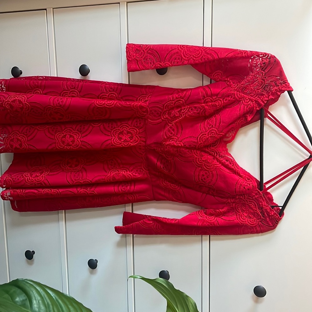 Lacey red off the shoulder midi dress